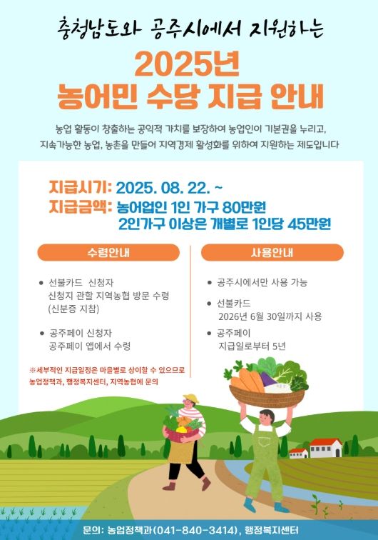 공주시, 2025년 충청남도 농어민수당 지급