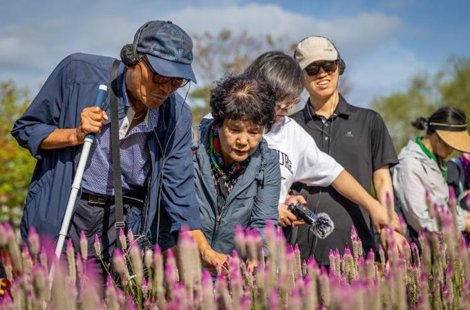 지난 17일 「사운드순천」에 참가한 시각장애인들이 순천만국가정원에서 꽃을 느껴보고 체험하고 있다.j