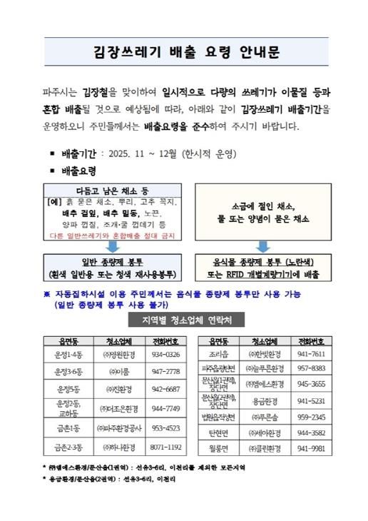 파주시, 동절기 김장 쓰레기 특별 수거 기간 운영