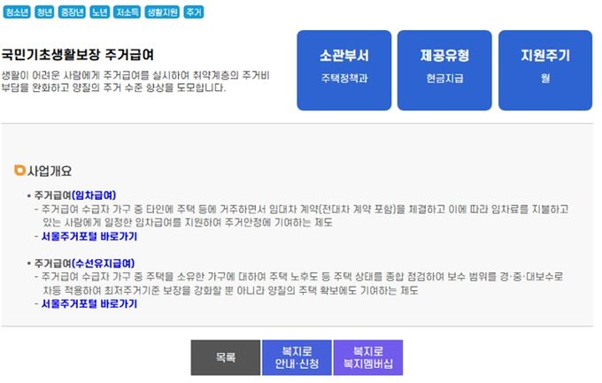 서울복지포털 내 복지서비스 검색 화면(복지실 외 복지서비스 개요 안내 및 포털 연계)