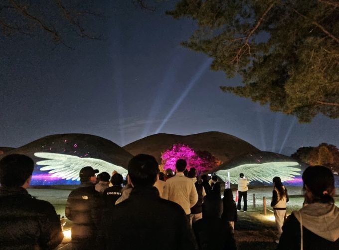 대릉원 일원에서 열린 ‘2025 국가유산 미디어아트 경주 대릉원’ 행사에서 관람객들이 고분에 투사된 미디어아트 영상을 감상하고 있다.