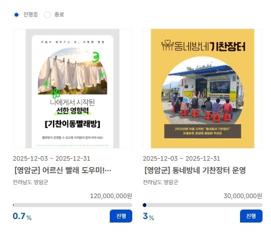 영암군, 고향사랑기금 지정기부 모금 중…기찬이동빨래방, 기찬장터 운영비