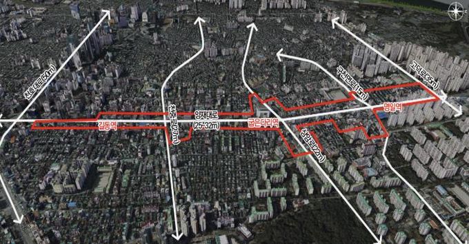 길동·굽은다리·명일역 3개 역세권 지구단위계획 위치도
