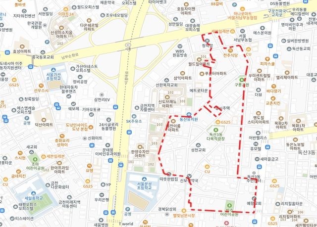 2025년 제6차 주택재개발 후보지 선정구역 - 금천구 독산동 979 일대 위치도(대상지 구역계는 선정위원회 조건이행 및 신속통합기획 등 계획수립 과정에서 변경될 수 있음)