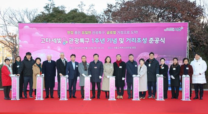 전성수 서초구청장(왼쪽에서 아홉 번째)이 30일 열린 ‘고터·세빛 관광특구 1주년 기념 및 거리조성 준공식’에서 내빈들과 버튼 점등식을 진행하고 있다.