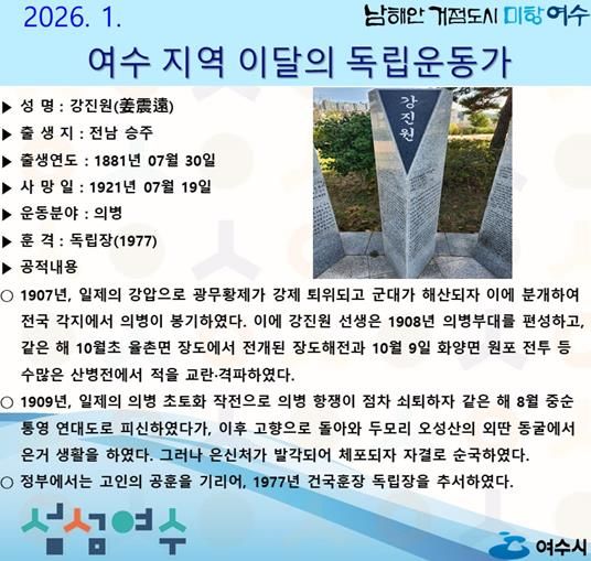 여수시 ‘2026년 1월의 독립운동가’ 홍보물