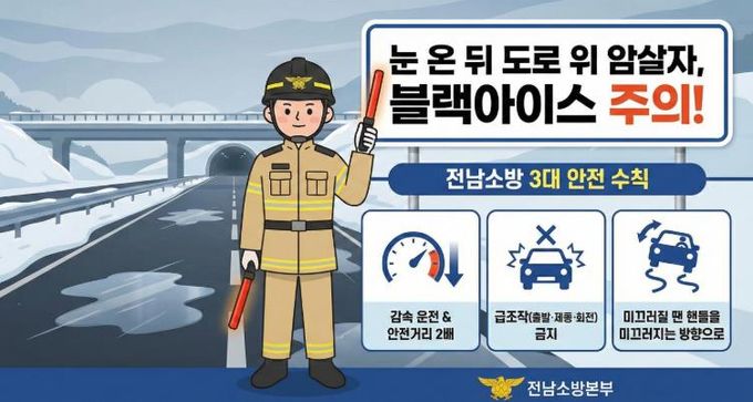 전남소방, 폭설 뒤 찾아오는 '도로 위 암살자' 블랙아이스 주의 당부