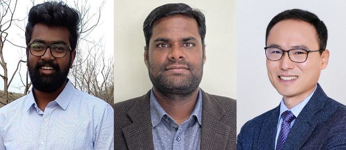 카시비스와나단 무수사미 박사과정, 띠따기리 자야라만 박사, 최명룡 교수(왼쪽부터)