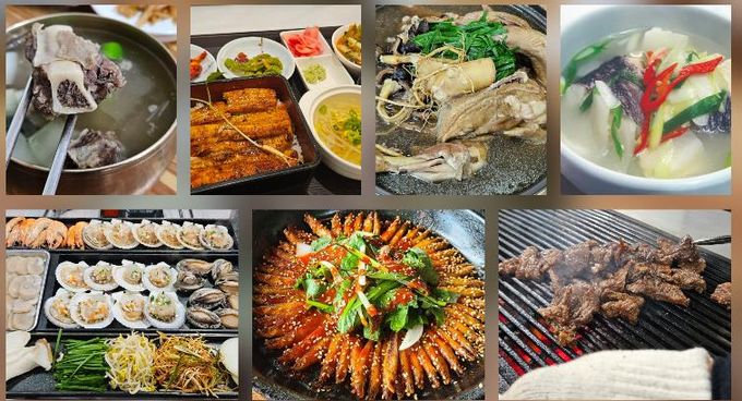 시계방향으로 홍성 갈비탕, 부여 장어덮밥, 금산 삼계탕, 서산·태안 우럭젓국, 예산 한우구이, 금산 도리뱅뱅이, 보령 키조개삼합