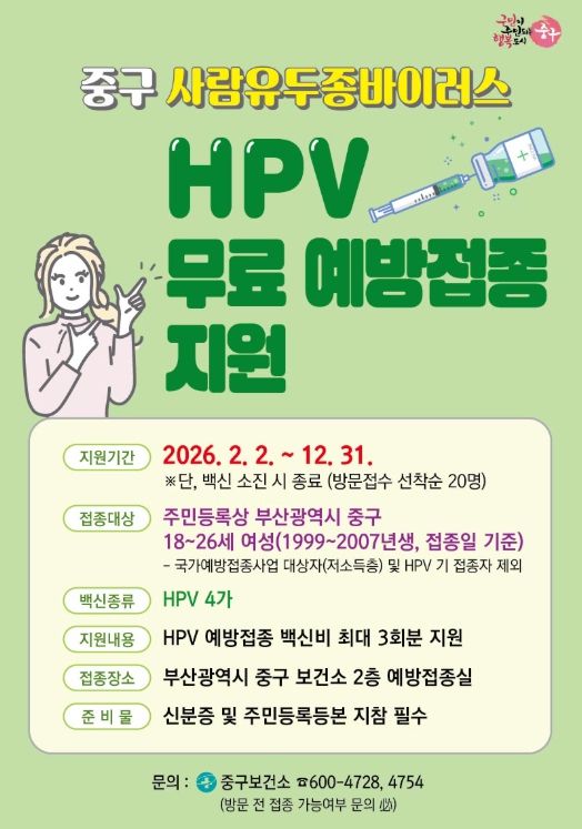 부산 중구,국가 지원 사각지대 여성에 HPV 백신 지원