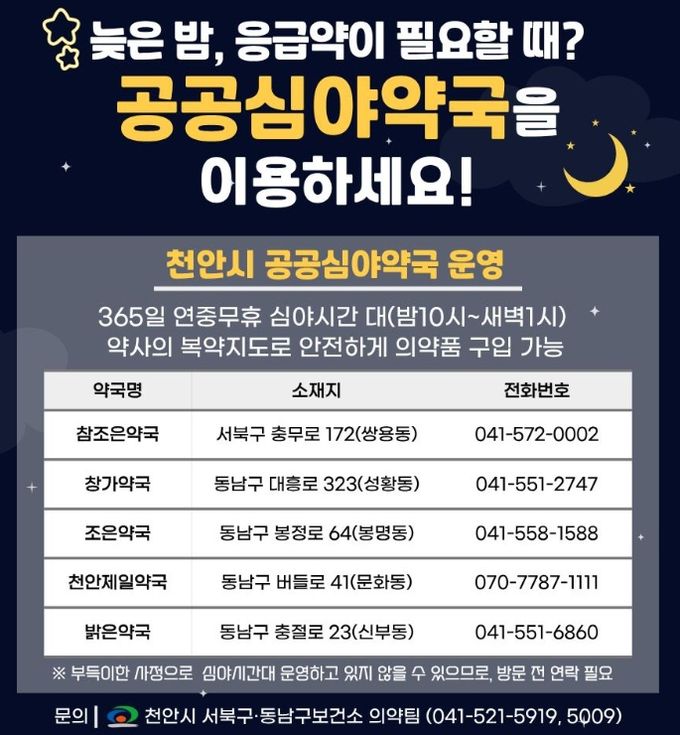 1. 천안시 공공심야약국 홍보문.