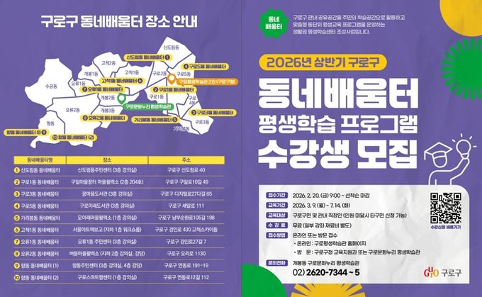 2026년 상반기 구로구 동네배움터 평생학습 프로그램 수강생 모집 안내 포스터