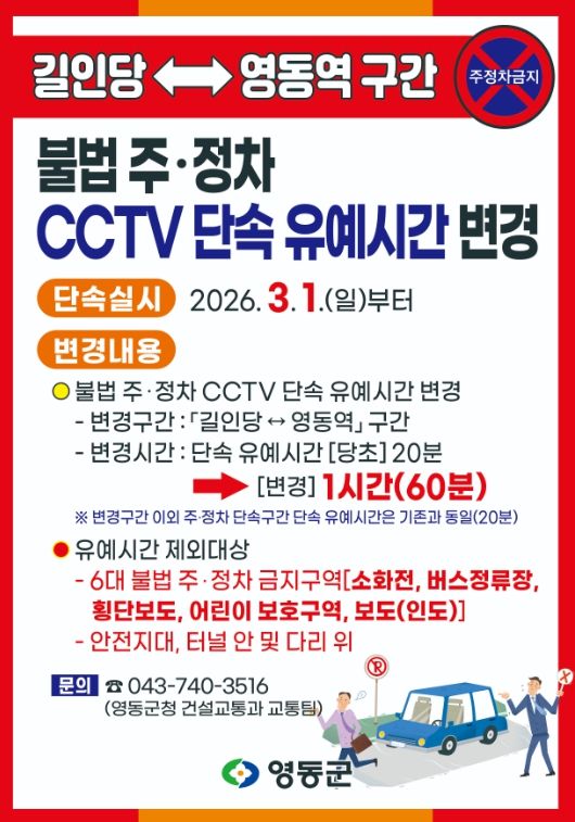 길인당↔영동역 구간 불법 주정차 CCTV 단속 유예시간 변경
