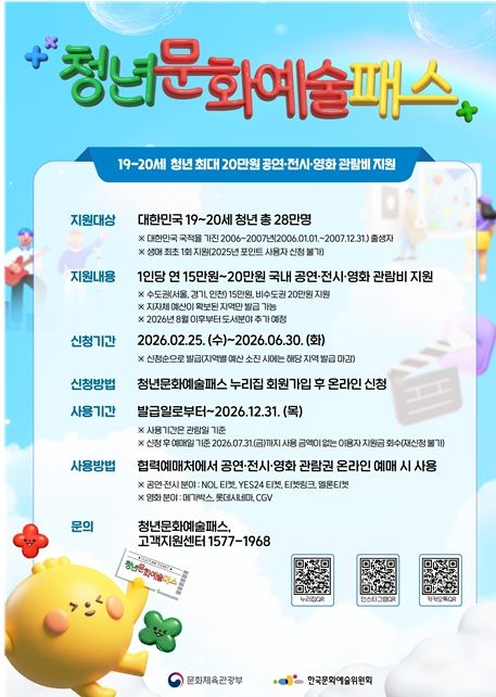19~20세 청년 대상 '2026년 청년문화예술패스' 확대 시행