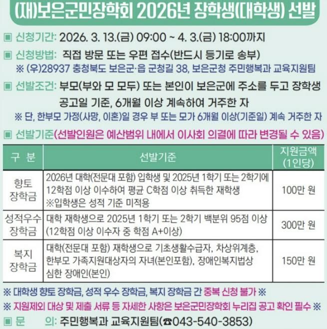 보은군민장학회, 2026년 대학생 장학생 모집