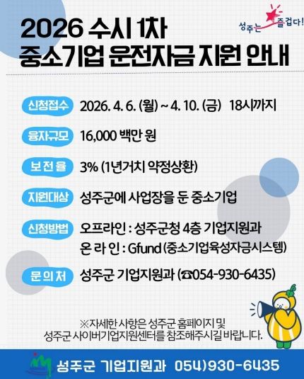 성주군, 중소기업 운전자금 수시분 160억원 규모지원