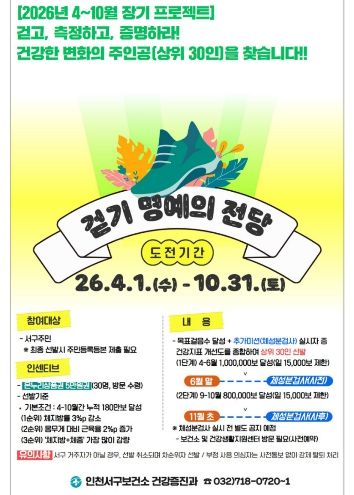 인천 서구, 모바일 앱 기반 ‘걷기 명예의 전당 챌린지’ 운영... 데이터로 확인하는 건강 변화